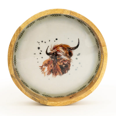 Candlelight Home 30CM ROUND MANGO WOOD TRAY WITH ENAMEL PRINT - HIGHLAND COW