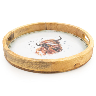 Candlelight Home 30CM ROUND MANGO WOOD TRAY WITH ENAMEL PRINT - HIGHLAND COW