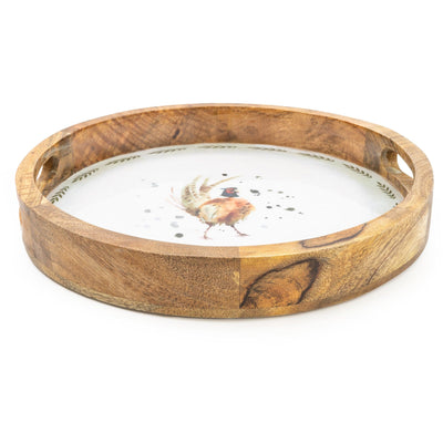 Candlelight Home 30CM ROUND MANGO WOOD TRAY WITH ENAMEL PRINT - PHEASANT