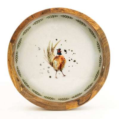 Candlelight Home 30CM ROUND MANGO WOOD TRAY WITH ENAMEL PRINT - PHEASANT