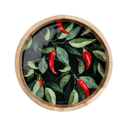 Candlelight Home 30CM ROUND TRAY MANGO WOOD WITH ENAMEL - CHILLIES
