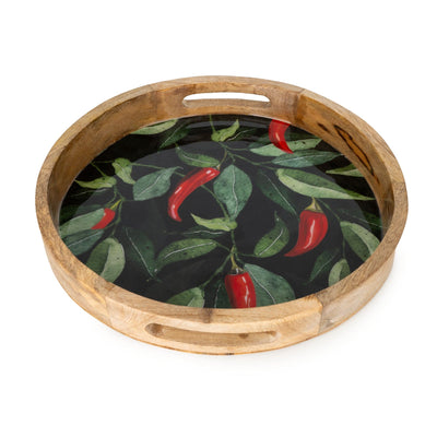 Candlelight Home 30CM ROUND TRAY MANGO WOOD WITH ENAMEL - CHILLIES