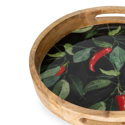 Candlelight Home 30CM ROUND TRAY MANGO WOOD WITH ENAMEL - CHILLIES