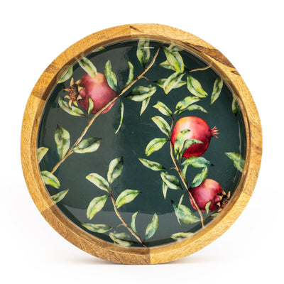 Candlelight Home 30CM ROUND TRAY WITH ENAMEL INLAY POMEGRANATE - GREEN