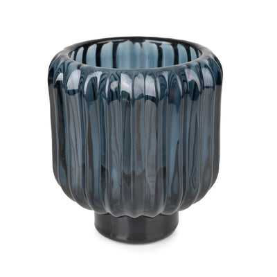 Candlelight Home 6.5X9.5CM RIDGED GLASS 2 WAY CANDLEHOLDER - BLUE