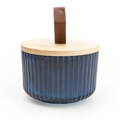 Candlelight Home 9CM RIDGED GLASS CANDLE WITH WOODEN LID - BLUE - 5% MIDNIGHT POMEGRANATE SCENT (3016-6631)