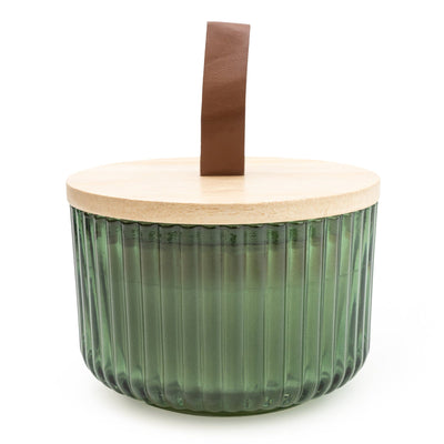 Candlelight Home 9CM RIDGED GLASS CANDLE WITH WOODEN LID - GREEN (PANTONE NO 5615C) - 5% SICILIAN BASIL & WILD LEMON SCENT (3017-3622)