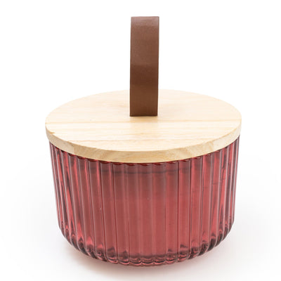 Candlelight Home 9CM RIDGED GLASS CANDLE WITH WOODEN LID - RED (PANTONE NO 7637C) – 5% POMEGRANATE & CASSIS SCENT (EAM14764/00)