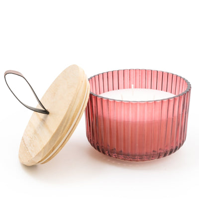 Candlelight Home 9CM RIDGED GLASS CANDLE WITH WOODEN LID - RED (PANTONE NO 7637C) – 5% POMEGRANATE & CASSIS SCENT (EAM14764/00)