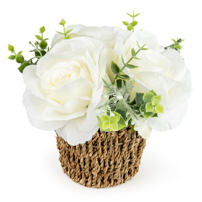 Candlelight Home Artificial Plants & Flowers 16cm White Roses in Seagrass Basket 6pk