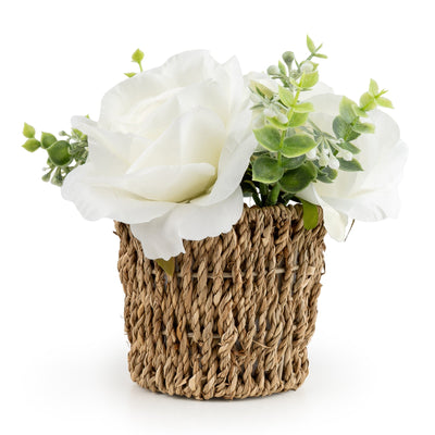 Candlelight Home Artificial Plants & Flowers 16cm White Roses in Seagrass Basket 6pk