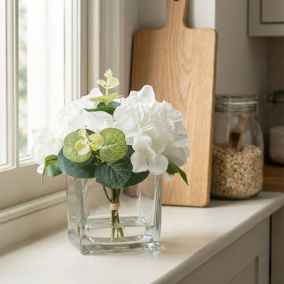 Candlelight Home Artificial Plants & Flowers 17cm White Hydrangea in Square Vase 6pk