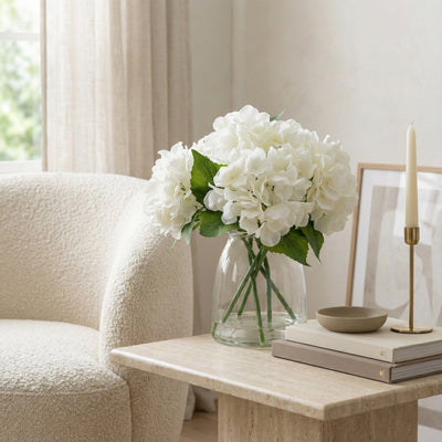 Candlelight Home Artificial Plants & Flowers 27cm White Hydrangeas in Glass Vase 6pk