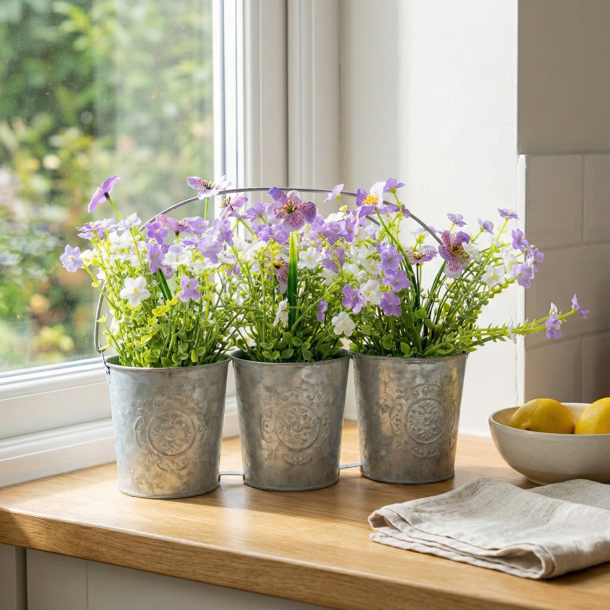 purple outdoor plant pots 3 Metal Tin Planters with Purple/White Flowers 6pk