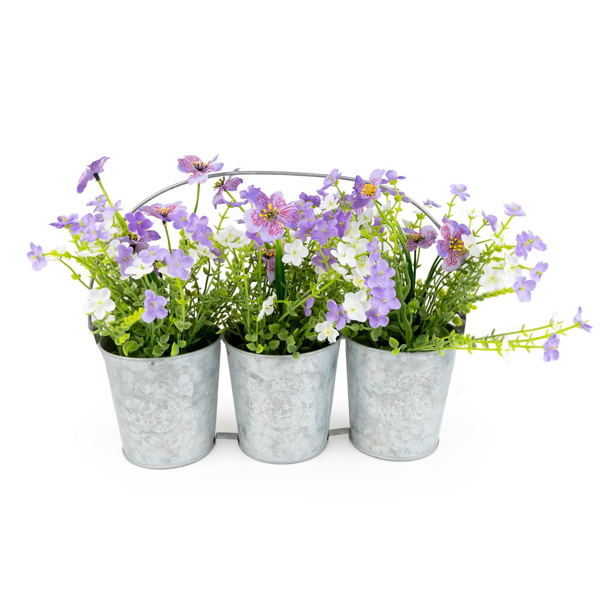 tin plant pots 3 Metal Tin Planters with Purple/White Flowers 6pk