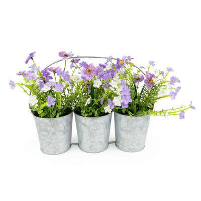 Candlelight Home Artificial Plants & Flowers 3 Metal Tin Planters with Purple/White Flowers 6pk