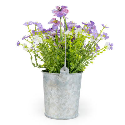 Candlelight Home Artificial Plants & Flowers 3 Metal Tin Planters with Purple/White Flowers 6pk