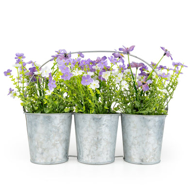 Candlelight Home Artificial Plants & Flowers 3 Metal Tin Planters with Purple/White Flowers 6pk