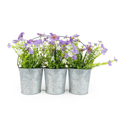 Candlelight Home Artificial Plants & Flowers 3 Metal Tin Planters with Purple/White Flowers 6pk