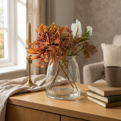 Candlelight Home Artificial Plants & Flowers Chrysanthemum Autumnal Florals in Glass Vase 6pk