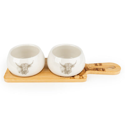 Candlelight Home Bowls Set of 2 Bowls on Bamboo Tray - Highland Cow 2pk