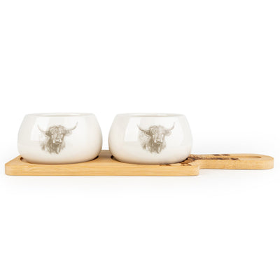 Candlelight Home Bowls Set of 2 Bowls on Bamboo Tray - Highland Cow 2pk