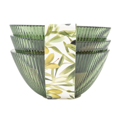Candlelight Home Bowls Set of 3 Ridged Glass Bowls - Olive