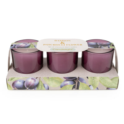 Candlelight Home Candle Gift Sets Set of 3 Votive Candles - Damson & Patchouli Flower 6pk