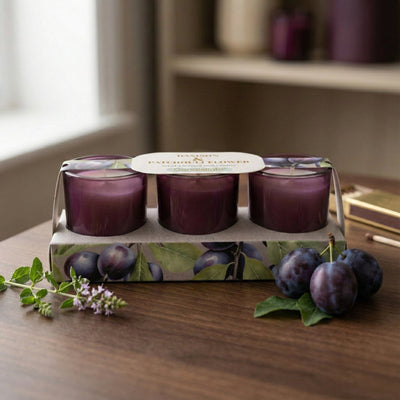 Candlelight Home Candle Gift Sets Set of 3 Votive Candles - Damson & Patchouli Flower 6pk