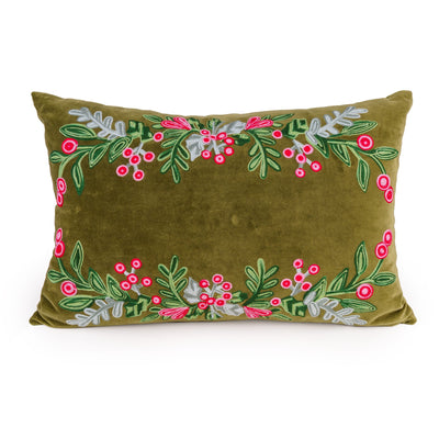Candlelight Home Cushions & Throws 40 × 60 cm Cushion - Embroidered Holly & Berries in Green 1pk