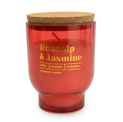 Candlelight Home LARGE ROUND FOOTED GLASS CANDLE 'ROSEHIP & JASMINE' RED - 5% HONEYSUCKLE SCENT (EAK42121/00)