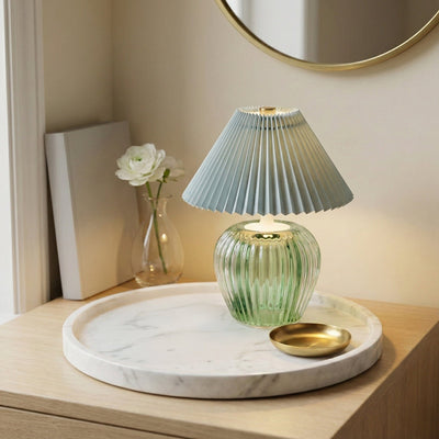 Candlelight Home LED Lamps Ridged Glass LED Table Lamp with Pleated Shade - Green 1pk