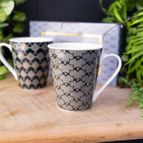 Set of Heron Two Black Grey Victorian Mugs with White Gold Handles (MO) 1PK