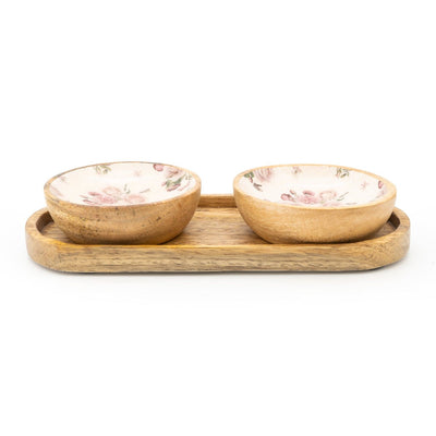 Candlelight Home S/2 SMALL MANGO WOOD DIPPING BOWLS ON TRAY PROVENCE BLOSSOM