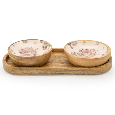 Candlelight Home S/2 SMALL MANGO WOOD DIPPING BOWLS ON TRAY PROVENCE BLOSSOM