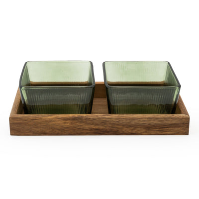 Candlelight Home S/2 SQUARE GLASS BOWLS ON ACACIA WOODEN TRAY GREEN