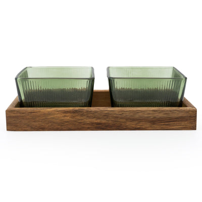 Candlelight Home S/2 SQUARE GLASS BOWLS ON ACACIA WOODEN TRAY GREEN