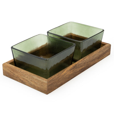 Candlelight Home S/2 SQUARE GLASS BOWLS ON ACACIA WOODEN TRAY GREEN