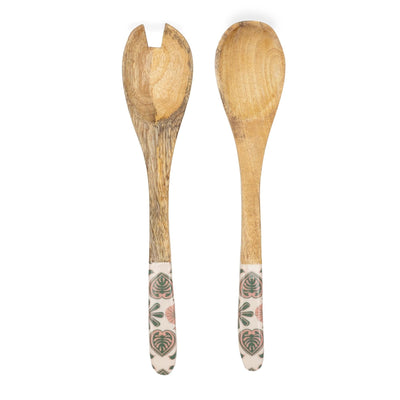 Candlelight Home SERVING SPOON & FORK MANGO WOOD WITH ENAMEL MEZE DESIGN
