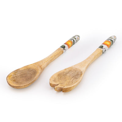 Candlelight Home SET OF 2 WOODEN FORK/SPOON WITH ENAMEL INLAY ORANGE BLOSSOM - WHITE
