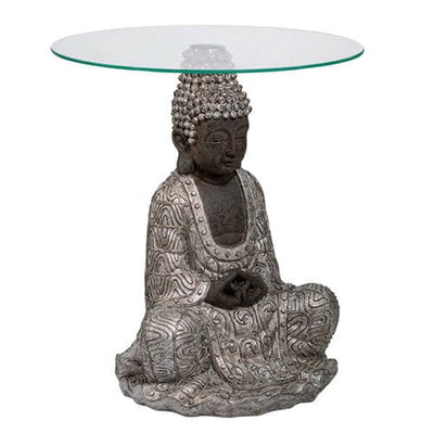 Candlelight Home SITTING BUDDHA TABLE WITH GLASS TOP - SILVER 1PK