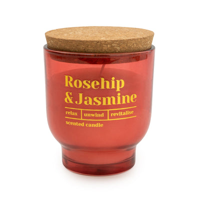 Candlelight Home SMALL ROUND FOOTED GLASS CANDLE 'ROSEHIP & JASMINE' RED - 5% HONEYSUCKLE SCENT (EAK42121/00)