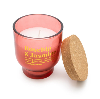 Candlelight Home SMALL ROUND FOOTED GLASS CANDLE 'ROSEHIP & JASMINE' RED - 5% HONEYSUCKLE SCENT (EAK42121/00)