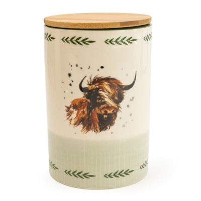 Candlelight Home STORAGE JAR WITH WOODEN LID HIGHLAND COW - AMENDED