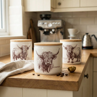 Candlelight Home Storage Jars Coffee Storage Jar with Wooden Lid - Highland Cow 3pk