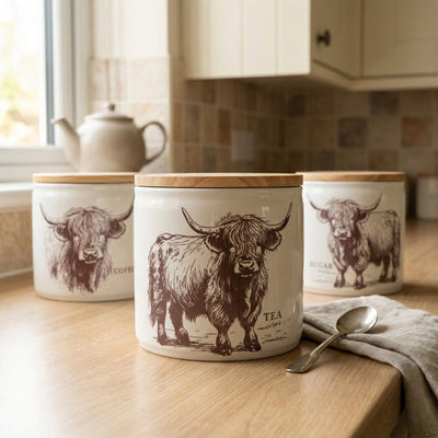 Candlelight Home Storage Jars Tea Storage Jar with Wooden Lid - Highland Cow 3pk