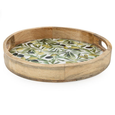 Candlelight Home Trays Round Tray Mango Wood Enamel Print - Olives 30cm 2PK