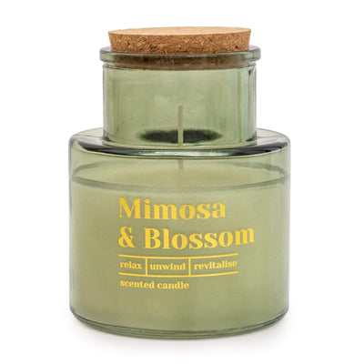 Candlelight Home 12cm Long Neck Glass Candle with Cork Lid 'Mimosa & Blossom' Olive - Mimosa Scent