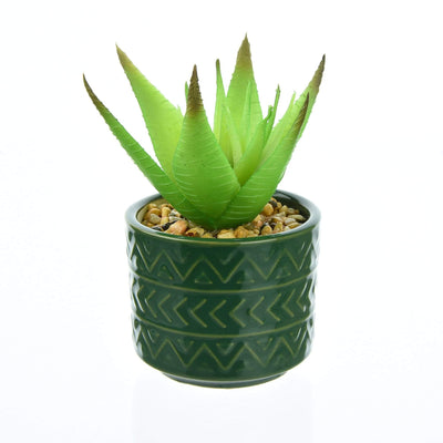 Candlelight Home Artificial Plants & Flowers Spikey Succulent in Ceramic Pot with Aztec Design Green 14cm 12PK