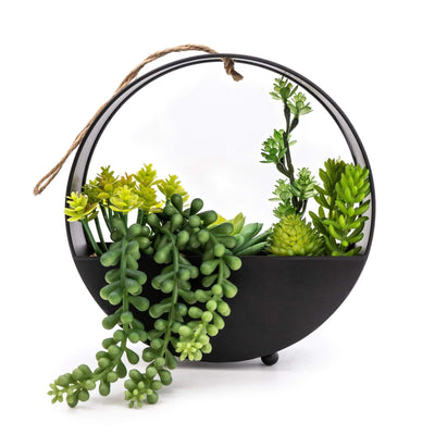 Candlelight Home Artificial Plants & Flowers Succulents in Black Round Metal Hanging Pot (MO) 1PK